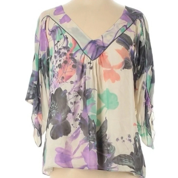 Anthropologie Leifsdottier Watercolor Cream Floral 100% Silk Blouse Size 2 XS - Picture 8 of 8
